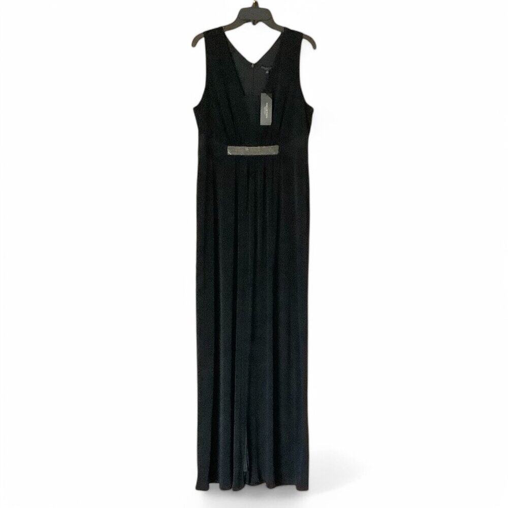 Halston Heritage Black V-Neck Prom Gown with Silver Waist Detail - Picture 3 of 13